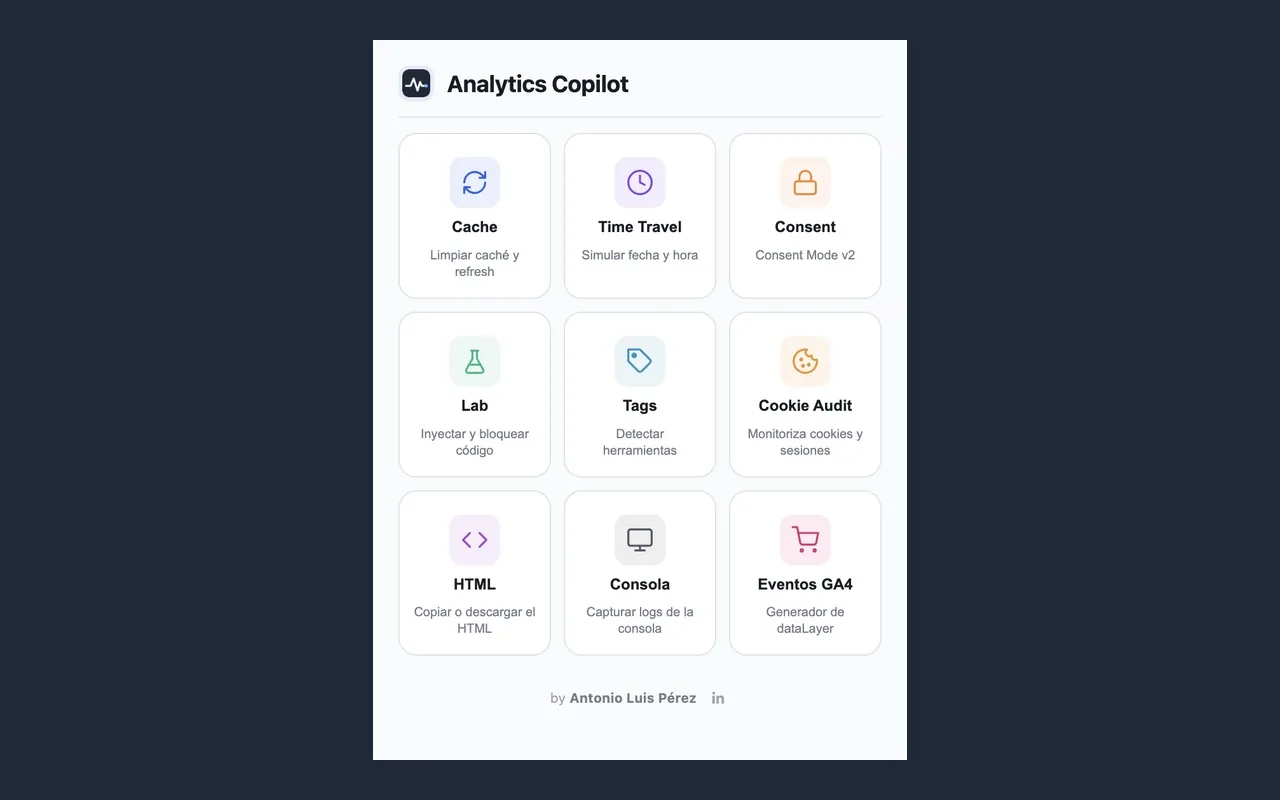 Parrilla de las 9 herramientas de Analytics Copilot en el popup de Chrome