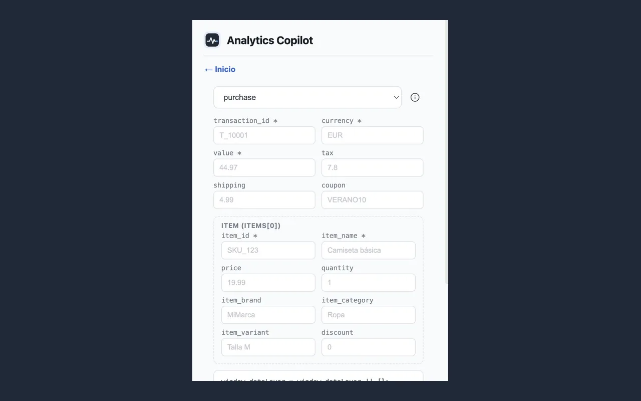 Generador de eventos GA4 de dataLayer
