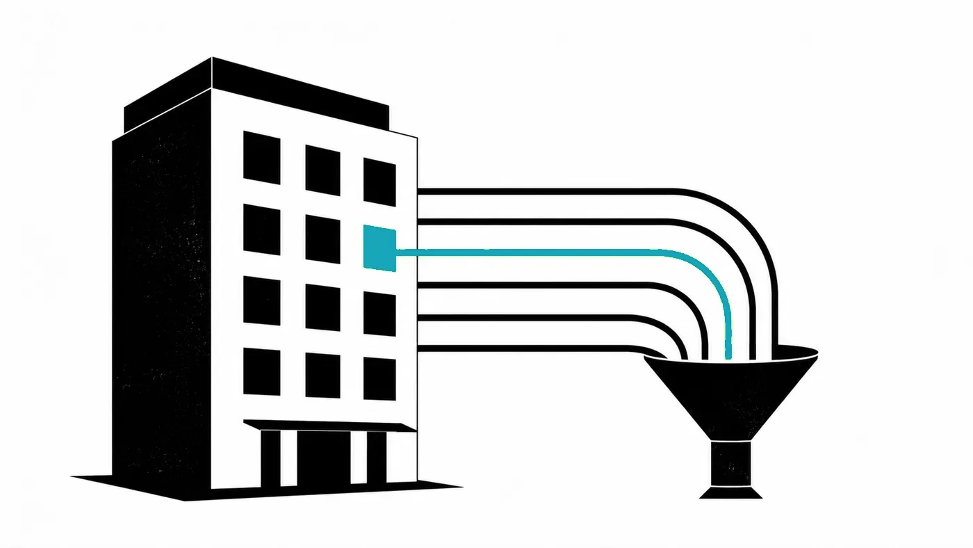 Ilustración de un hotel con líneas de datos saliendo de sus ventanas hacia un embudo, una en verde