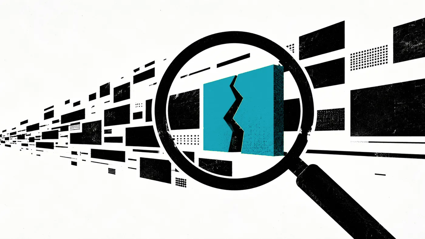 Ilustración de una lupa inspeccionando bloques de datos con una grieta destacada en verde